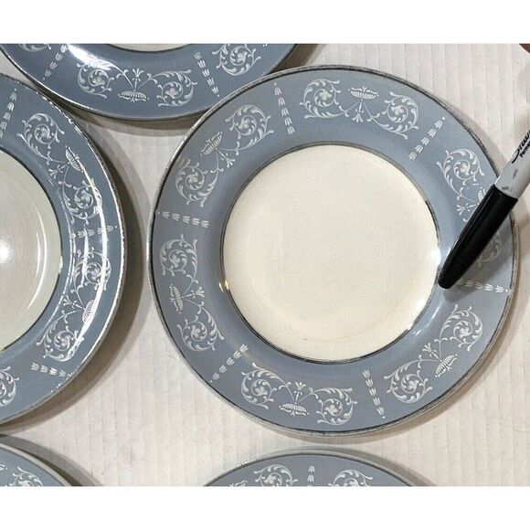 Arklow Belvedere Salad Plate Arkbel White scrolls Urns on blue/gray READ VTG - Picture 5 of 13